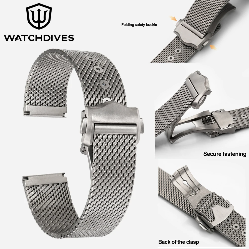 

Регулируемый сетчатый ремешок для часов Watchdives, 20 мм, титановая застежка класса 2, универсальный браслет, ремешок для часов премиум-класса