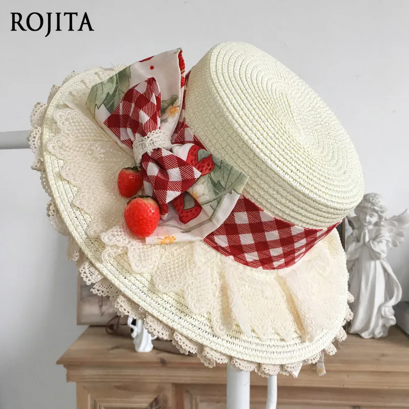 

Kawaii Strawberry Lolita Mini Hat Red Checkered Bow Lace Edge Hat Orchard Lolita Straw Hat Gingham Trim Sun Hats