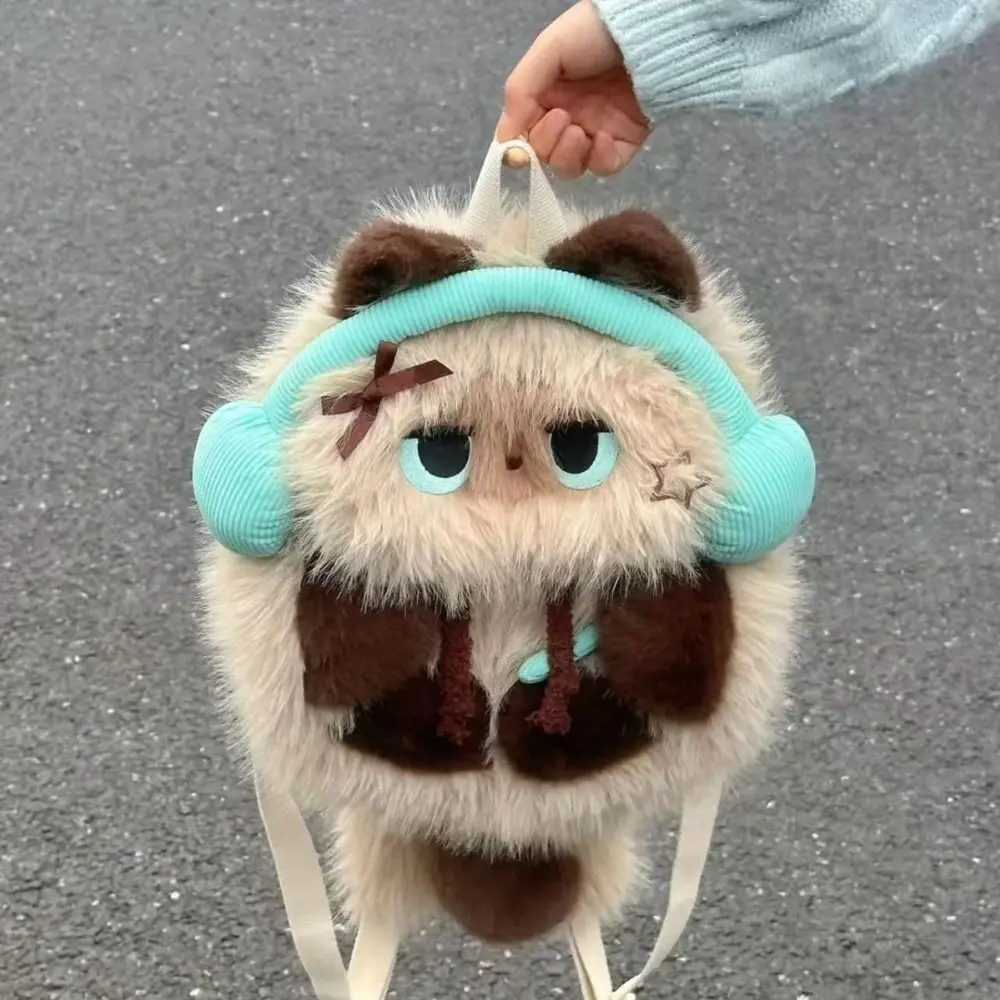 Plecak pluszowy w kształcie kota syjamskiego kawaii, uroczy, realistyczny wygląd, symulacja zwierzęcia, puszysta torba na ramię, torba szkolna dla ucznia z przestrzenią na słuchawki.