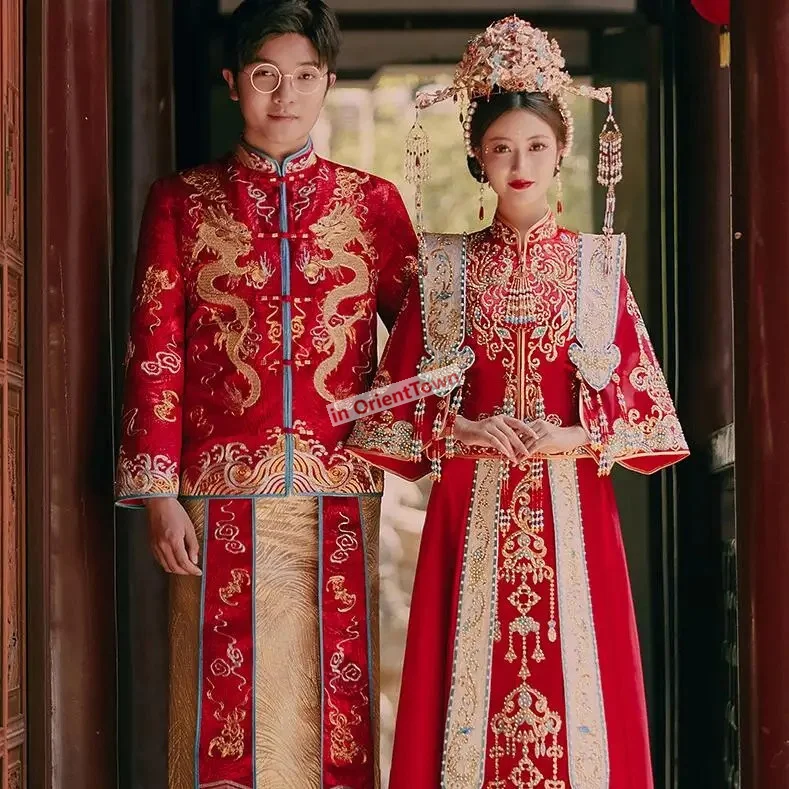 Xiuhe Groom Suits Hanfu Bride Luxury Ancient China Wedding Costume Red Embroidery Oriental Style Couple Clothing Vestido Chino