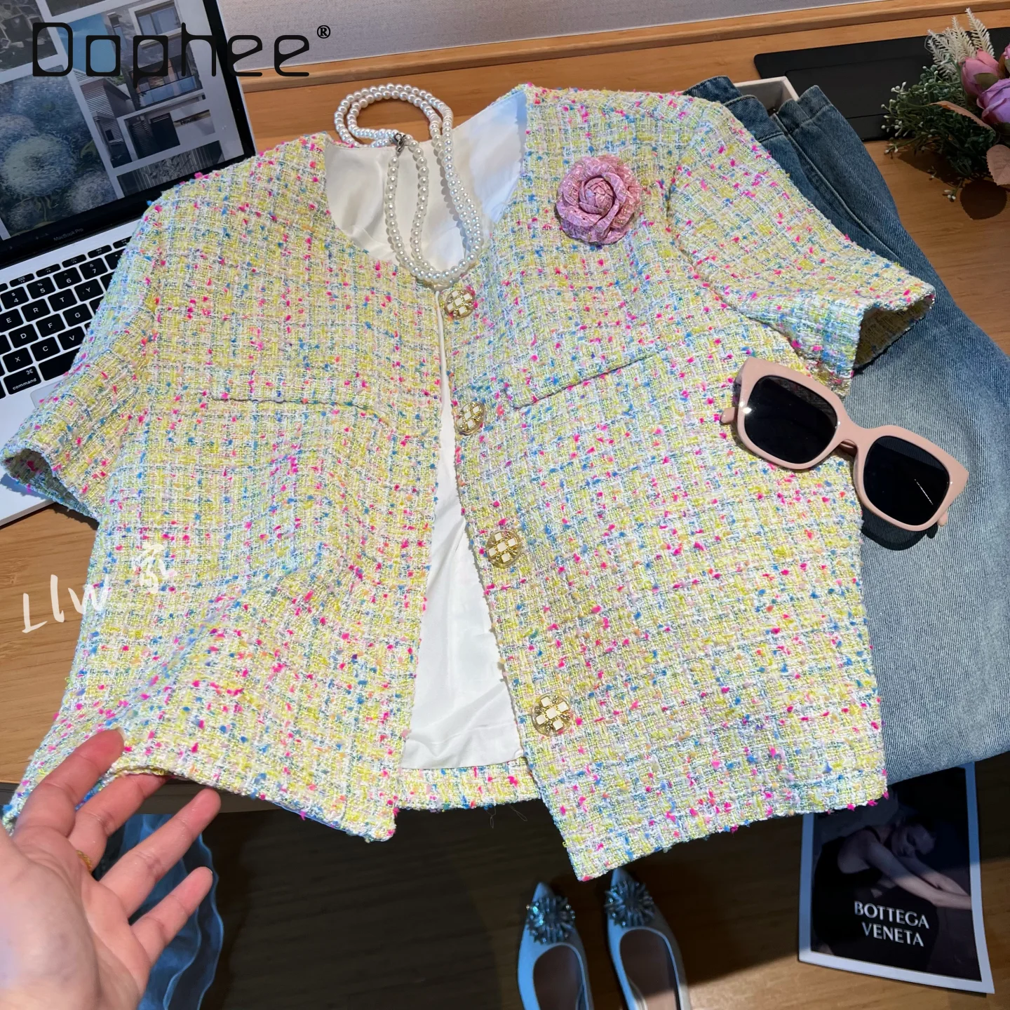 

French Elegant Women's Colorful Tweed Short Sleeve Jacket Round Neck Single Breasted Cropped Coat Luxury Summer Casual Outerwear