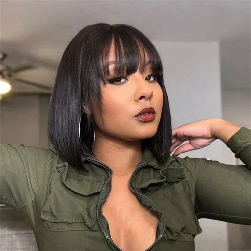 

180% Density Straight Bob Wig With Bangs Short Full Machine Made Human Hair Wig Natural Bob Human Hair Wig With Bangs For Women