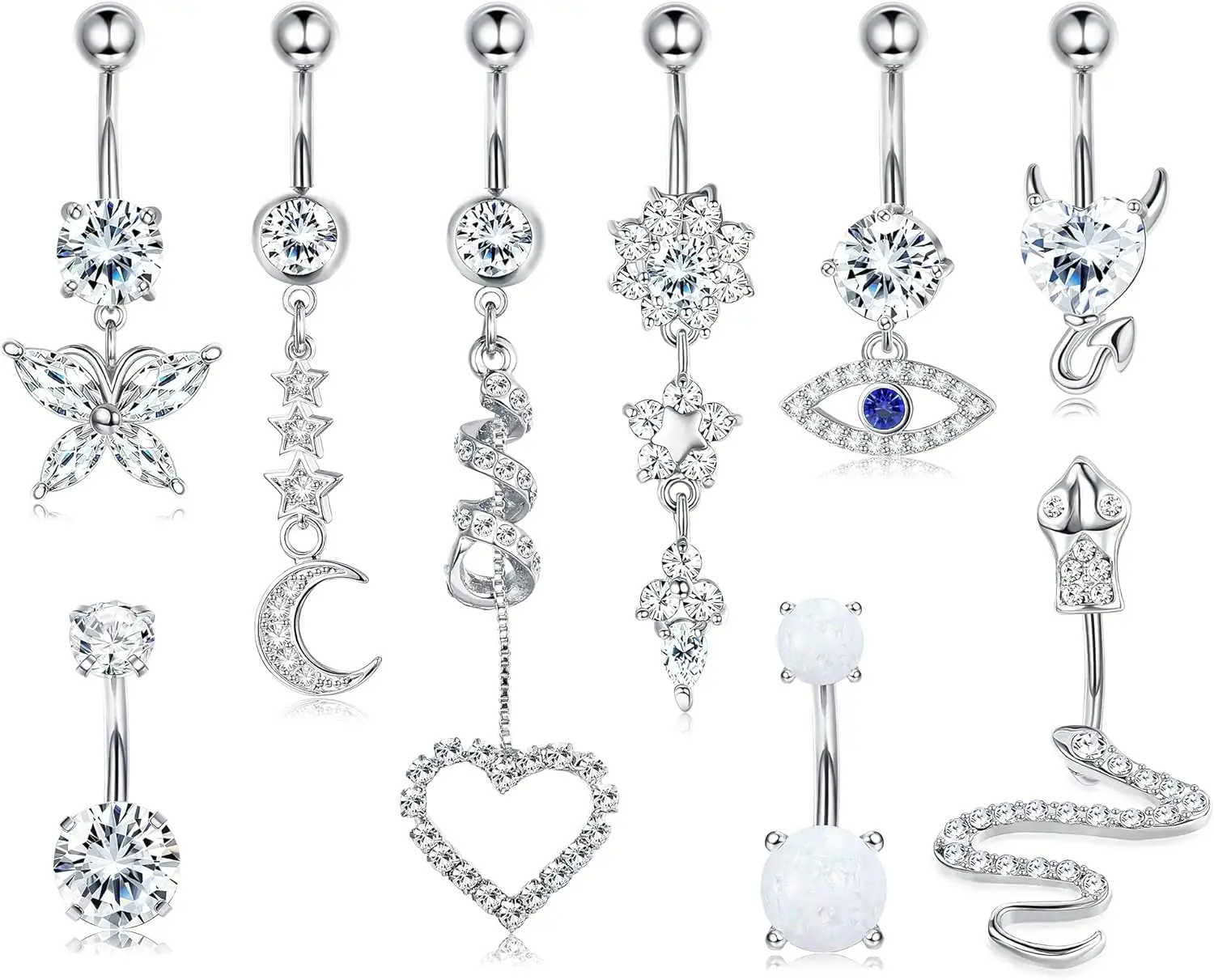 

Florideco 14G Belly Button Rings Dangle Surgical Steel Snake Heart Belly Ring for Women Clear CZ Navel Ring Sexy Belly Piercing