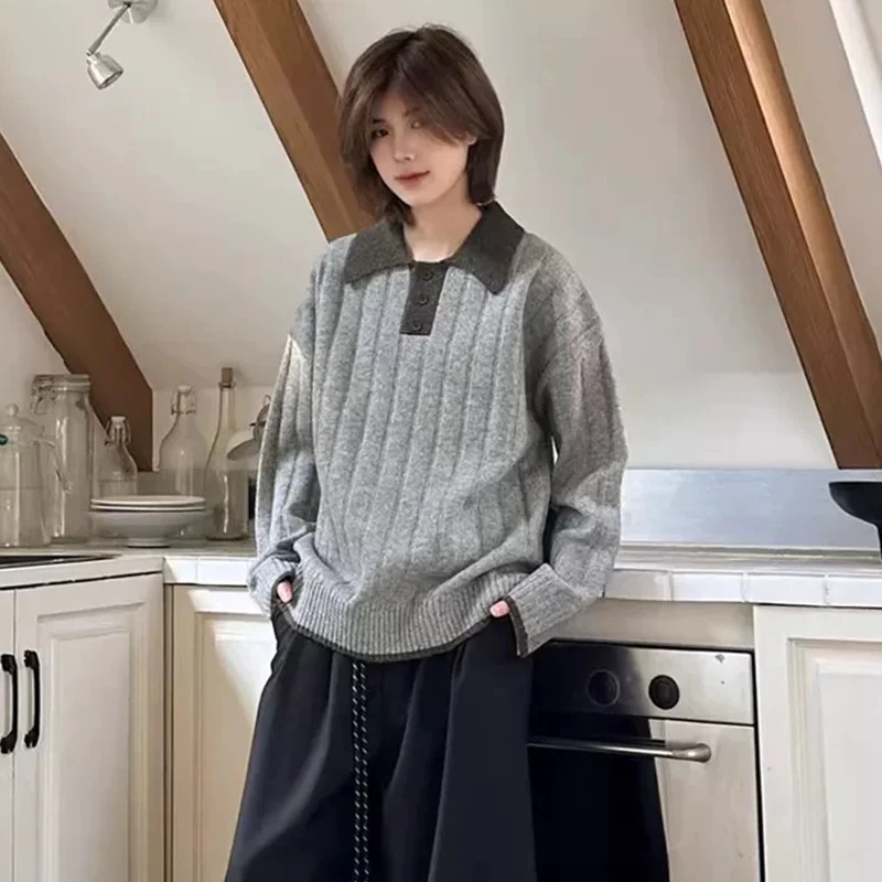 2025 خريف/شتاء جديد 100% سترة صوف نقية المرأة عادية محبوك طوق البلوز فضفاض موضة للجنسين سترة #6