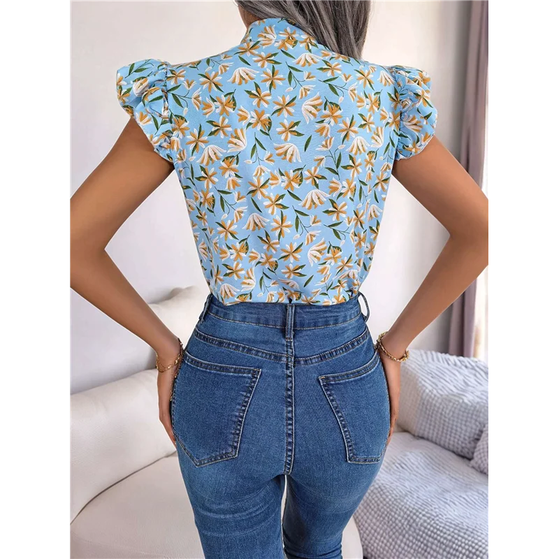 

A83F-Women's Ruffle Short Sleeve Summer 2025 Trendy Floral Trim Neck Casual Dressy Chiffon Boho Blouses Shirts