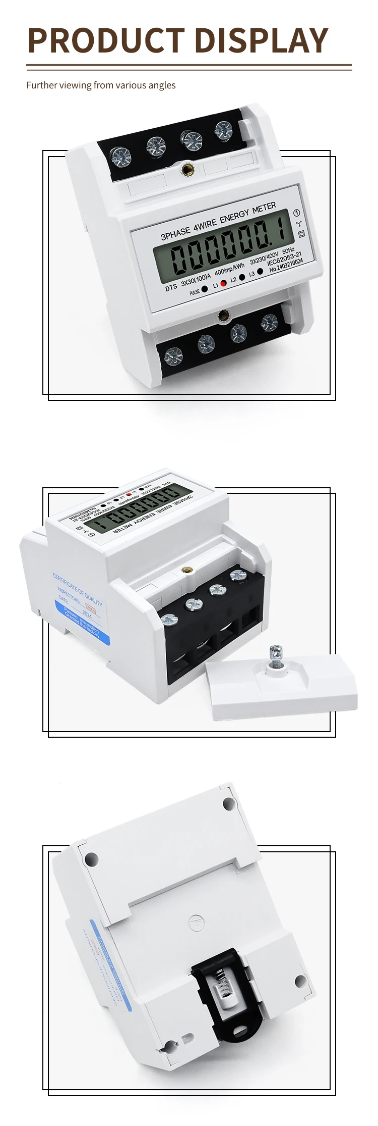 LCD AC DIN-Schienen-Energiezähler 230V 3-Phasen 4-Draht Stromverbrauchsmonitor KWh-Zähler Wattmeter 3×30(100A) 50/60HZ – Detail 5