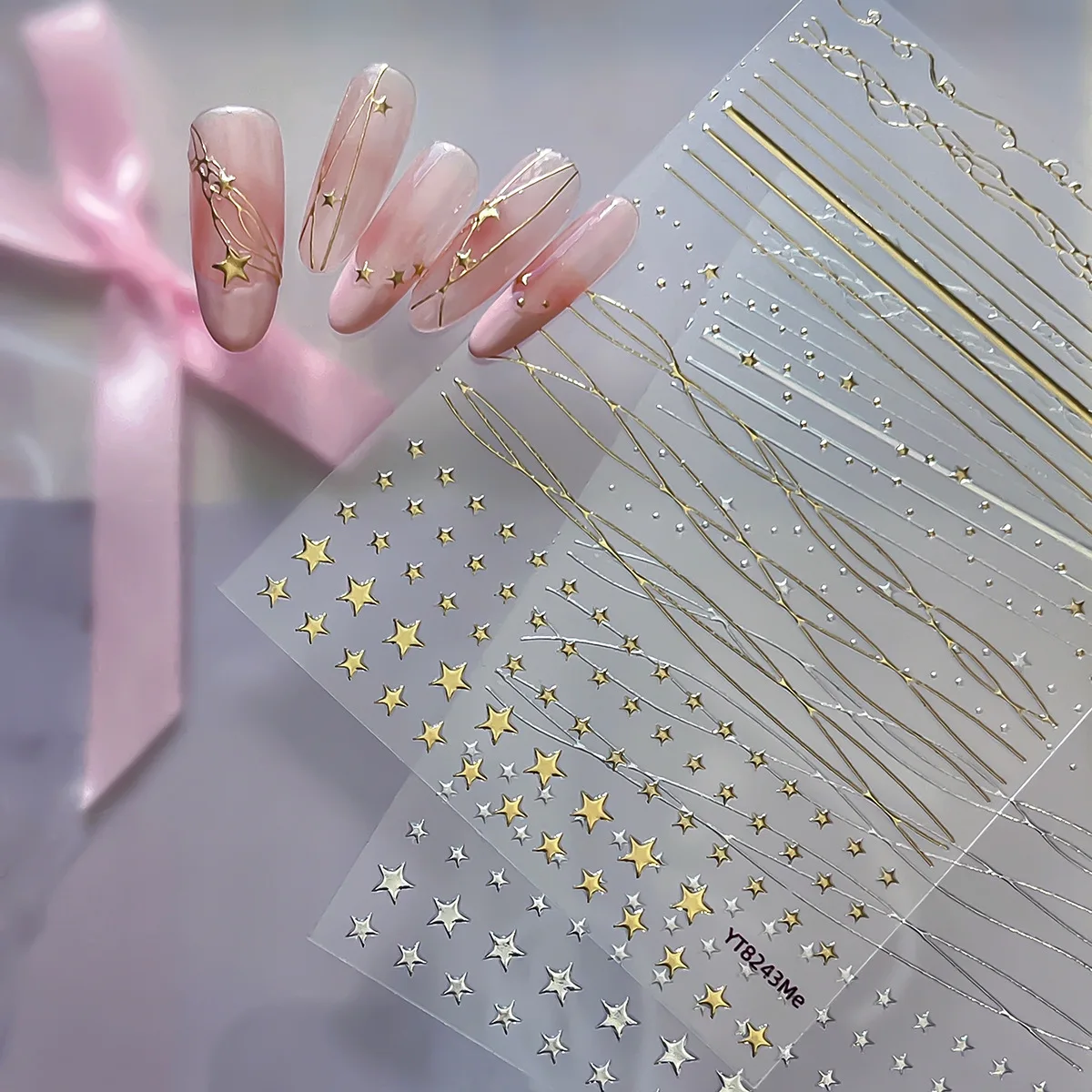 Luxury Gold Silver Star French Nail Stickers Metal Texture Curve Strip Self Adhesive Nail 3D Decoration Stickers Accessories DIY