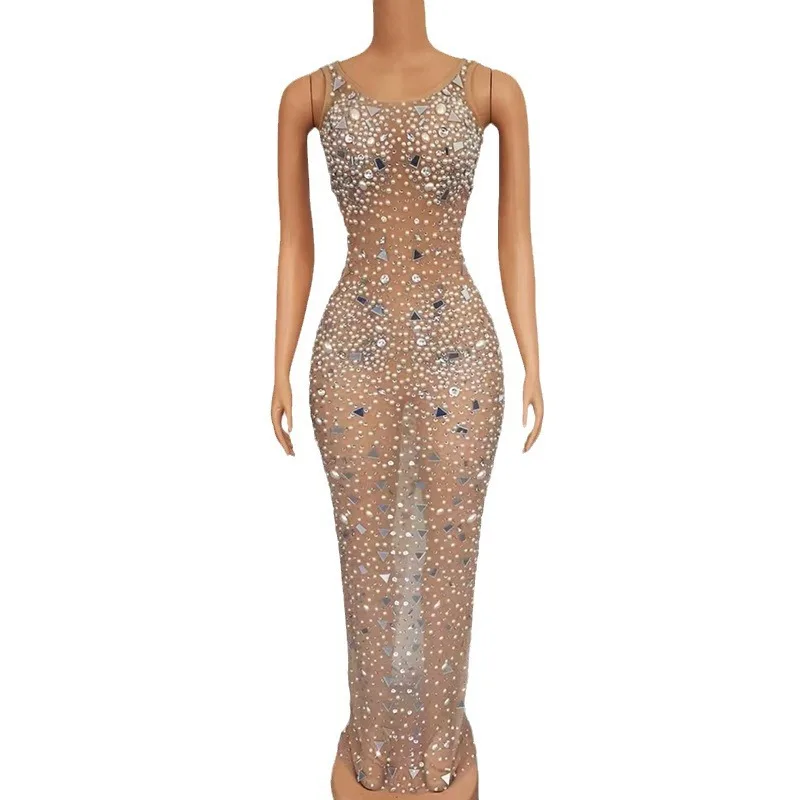 

Shiny Naked Mesh Bride Mother Beaded Dress Elegant Women's Casual Suit Vestido Piedras Brillantes Maxi Dresses For Wedding Guest