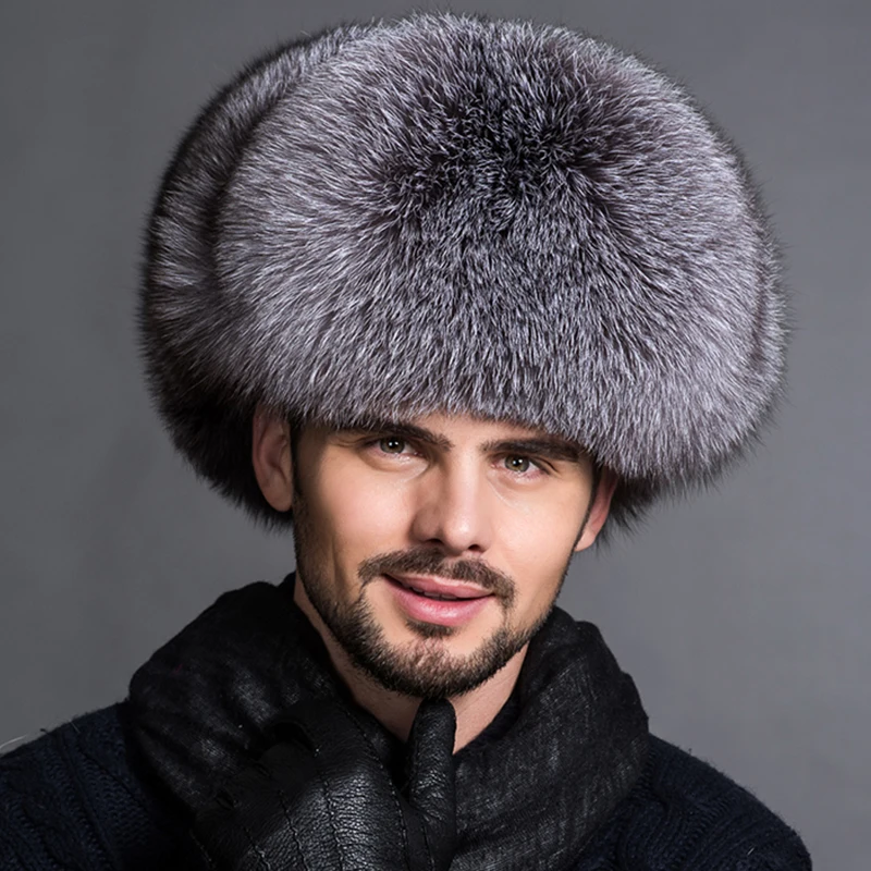 Winter Men\'s 100% Real Silver Fox Fur Aviator Bomber Hat Raccoon Fur Ushanka Cap Trapper Russian Man Ski Hats Caps Real Leather