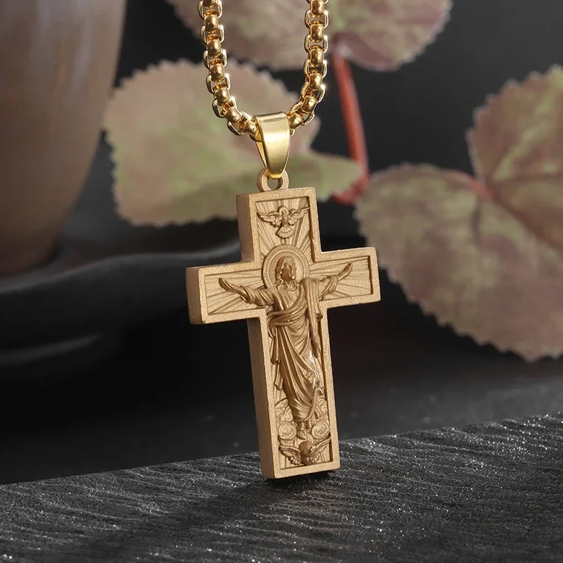 Christian Jesus Stainless Steel Cross Pendant God Messenger Necklace Retro Catholic Prayer Jewelry Men Women