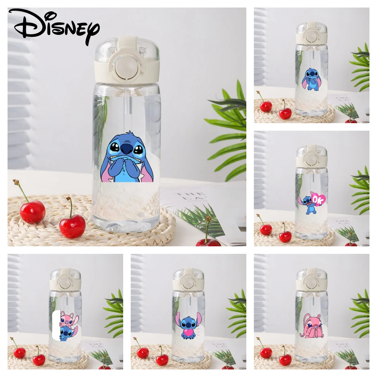 400ML Disney Stitch Water Cup Cute High-value Male and Female Straw Plastic Cup High Temperature Resistant Plastic Portable Cup