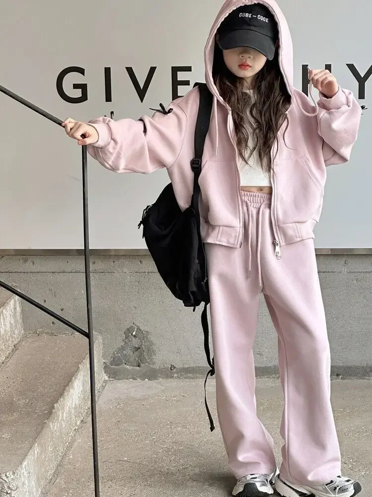Mädchen-Trainingsanzug mit Kapuze und Schleifendetail – zweiteiliges Outfit im koreanischen Stil mit langärmeliger Jacke und Hose für größere Kinder. – Detail 28