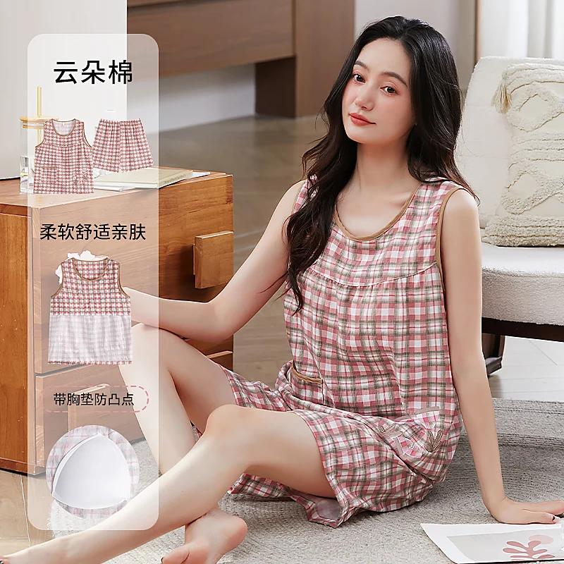 

Хлопковые пижамы, женские летние с подушечкой для бюстгальтера, повседневная милая клетчатая верхняя одежда без рукавов, комплект домашней одежды pijama mujer