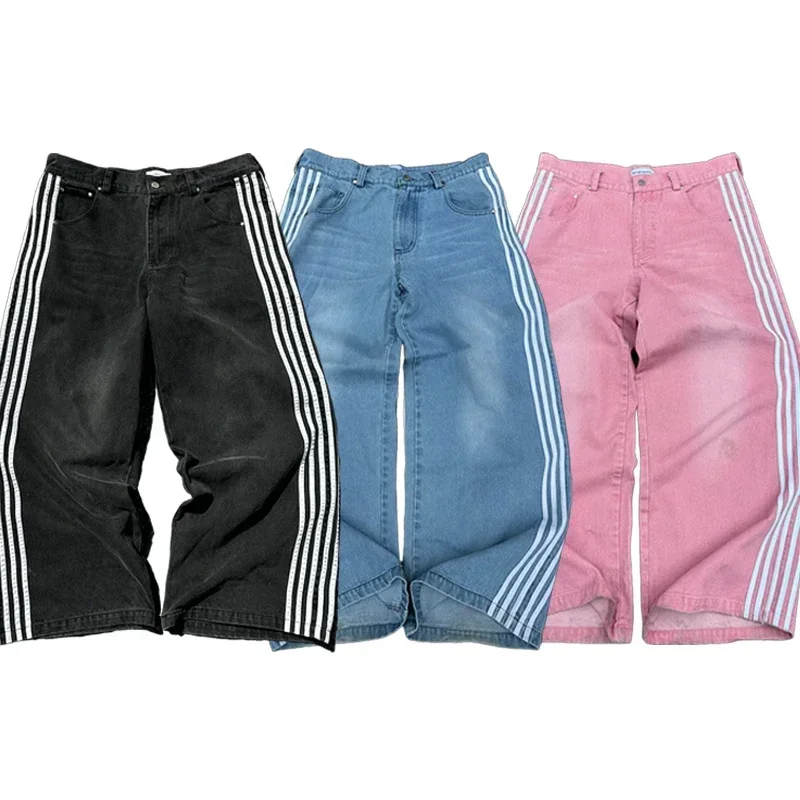 Pantalones vaqueros holgados Y2K, pantalón de chándal Harajuku a rayas bordadas de alta calidad, ropa de calle Hip Hop, pantalones vaqueros de pierna ancha informales Aura