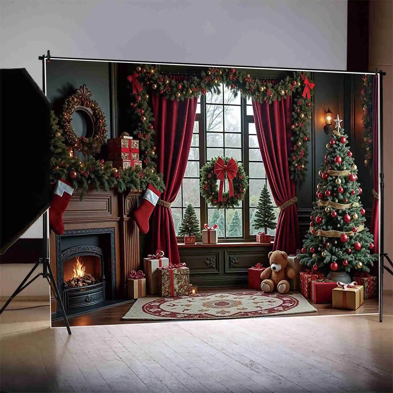 MOON.QG 크리스마스 커튼 테디 베어 사진 배경 나무 공 벽난로 사진 배경 아기 스튜디오 Photocall 용품