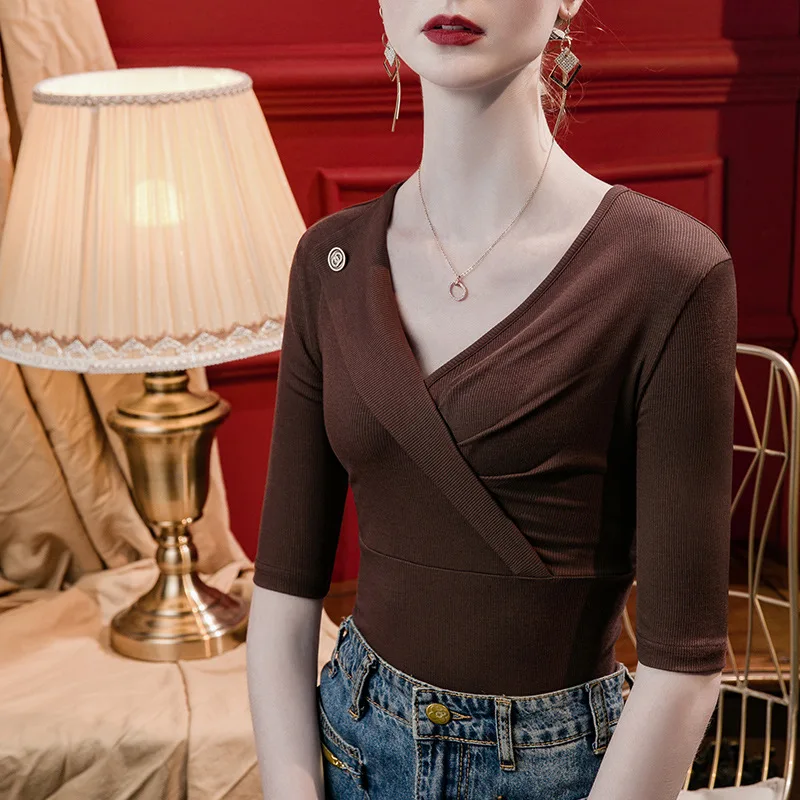 Boweylun Cross V-Neck Five Points Sleeve T-Shirt Women Comfortable Ribbed Fabric Slim Button Solid Color Mid Sleeve Tops