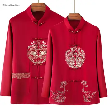 Ropa Tang tradicional china para hombre y mujer, camisa roja bordada con dragón y Fénix Hanfu, chaqueta de manga larga con bolsillo