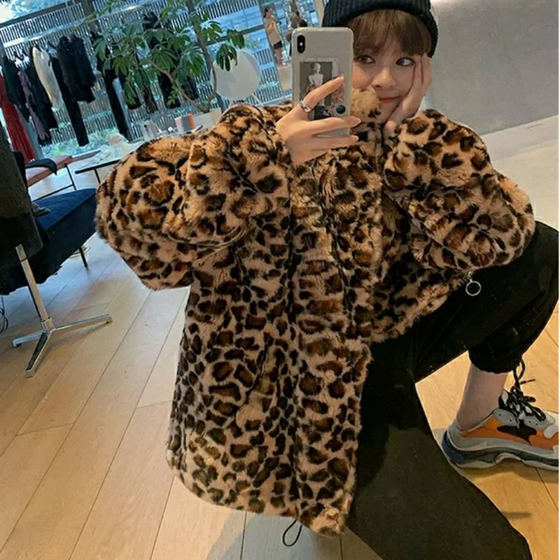 Winter Leopard Print Jacket Women\'s Stand collar Warm Parkas Outwear 2024 New Autumn Winter Korean Female Loose Faux Fur Coats