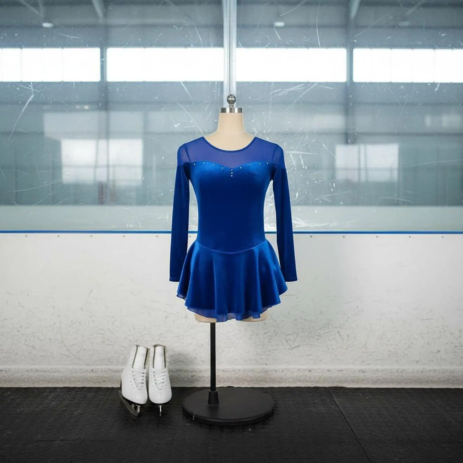Girls Ice Skating Dress Velvet Long Sleeve Rhinestone Dance Leotard for Stage Performance and Arena Glide
