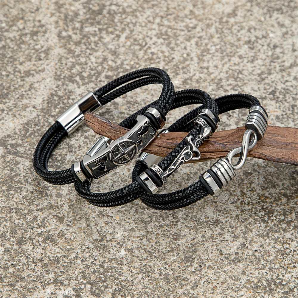 Compass World Map Wire Rope Bracelets for Men Fade-Proof Waterproof Norse Stainless Steel Wristband Vikings Amulet Male Jewelry