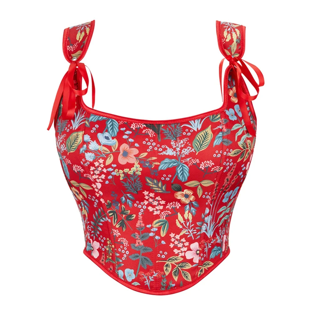 Women Elegant Boned Overbust Corset Crop Tops Vintage Flower Print Lace Up Bodice Slimming Shaper Shoulder Strap Bustier Vest view 6
