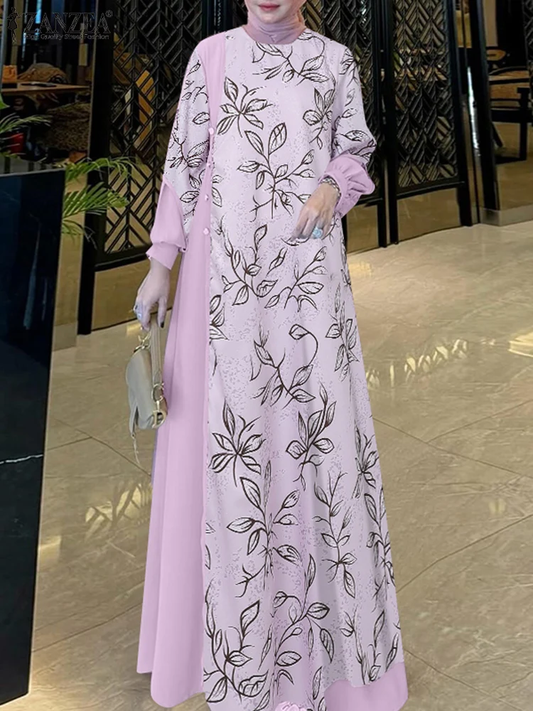 ZANZEA Elegant Women Patchwork Dresses Autumn Long Sleeve Printed Vestidos Muslim Hijab Sundress Robe Femme Maxi Long Dress