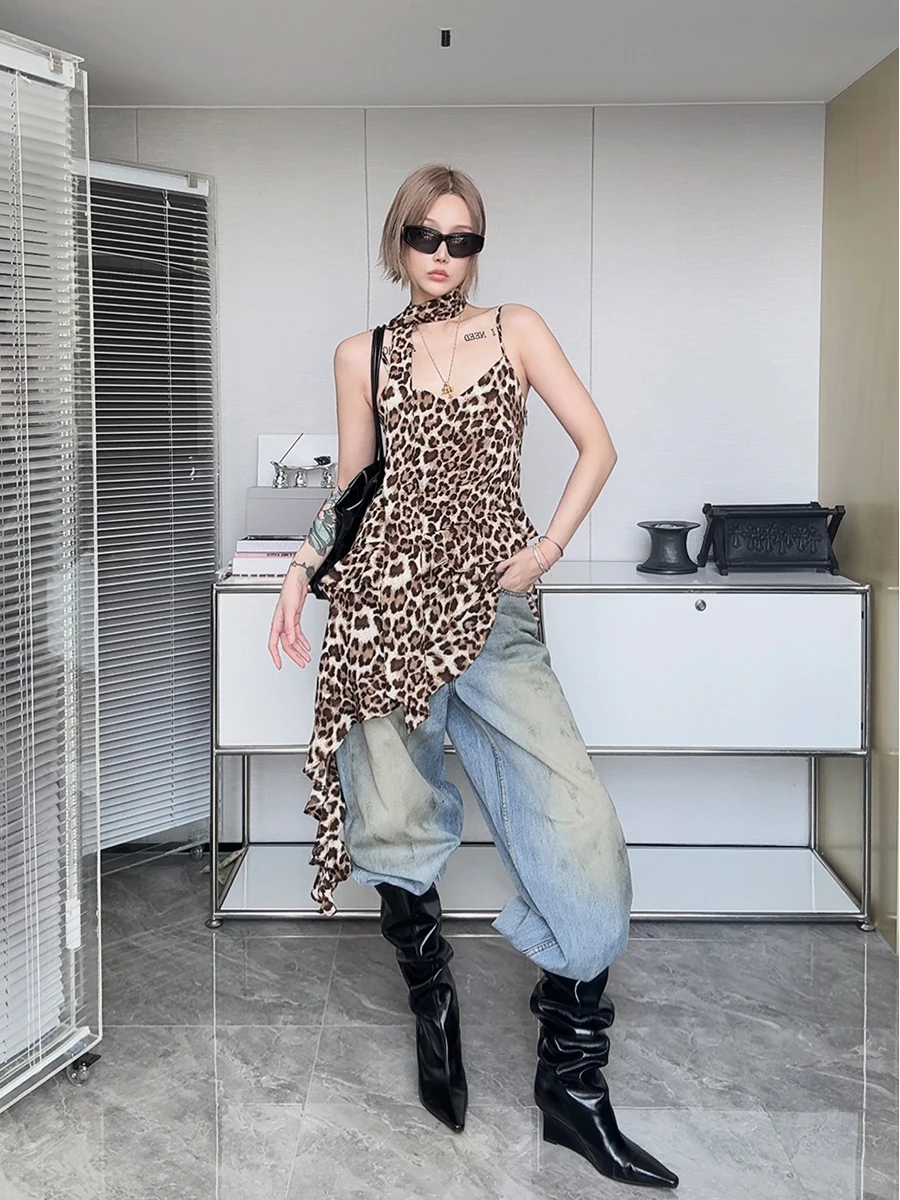 

Женский топ-жилет IAMCPLUS 2025AW с асимметричным подолом, леопардовым принтом и бретелями, средней длины, для ношения под одеждой, в стиле Cleanfit, модный