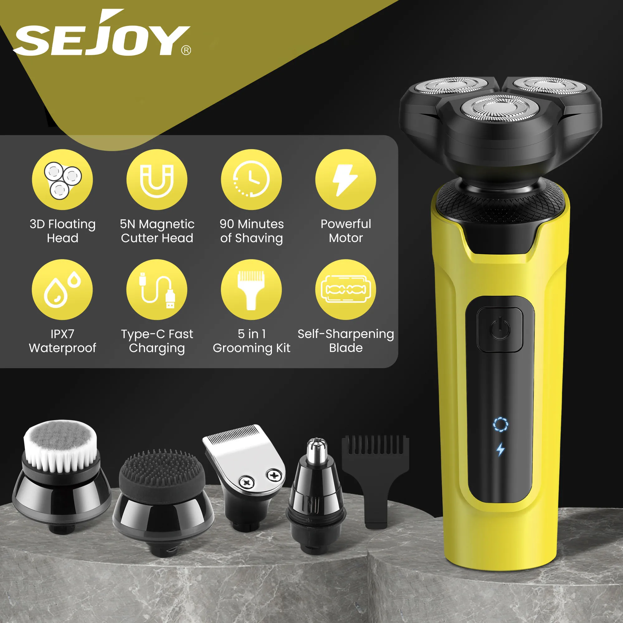 

Sejoy Профессиональная электрическая машинка для стрижки волос Перезаряжаемые беспроводные роторные бритвы Триммер для волос в ушах и носу для мужчин Желтый