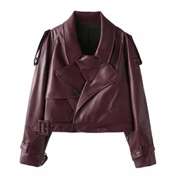 2024 new runway style loose casual leather jacket, women's sheepskin leather jacket, shoulder length motorcycle short jacket