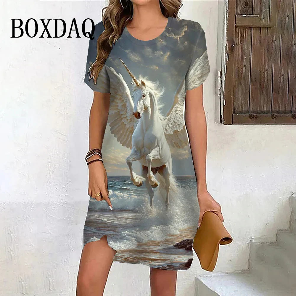 Women Sweet Rainbow Animal White Horse 3D Print Dress Summer Short Sleeve Ladies New Dress Casual Street Loose A-Line Mini Dress