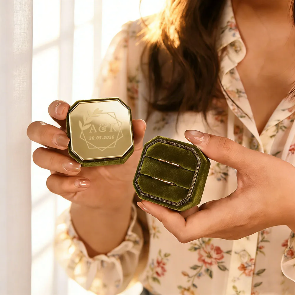 Personalized Engravable Octagon Velvet Ring Box,2-Slot Name/Date/Message,Anniversary Suitable for Her,Acrylic Engagement RingBox
