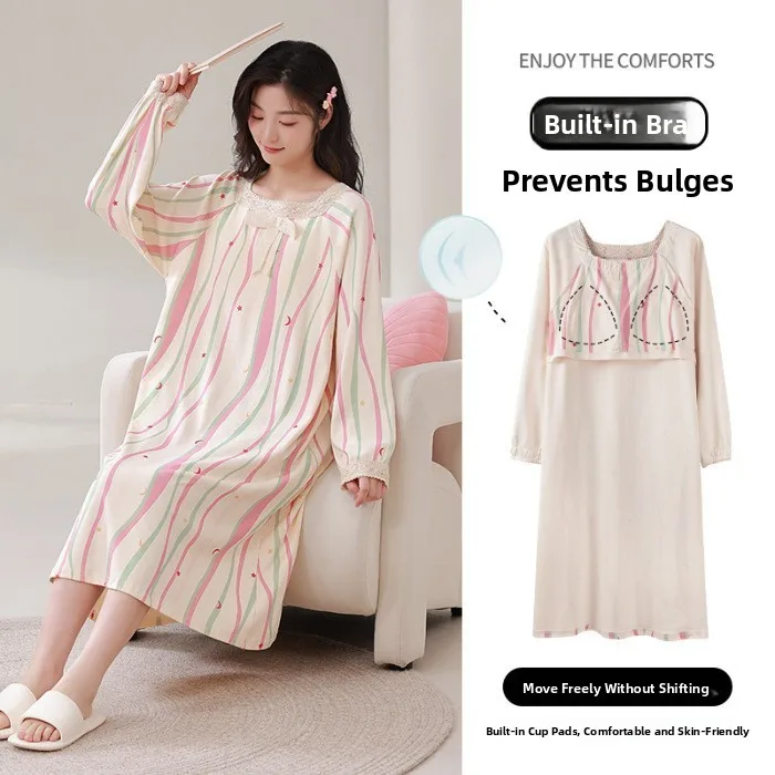 

Princess Style Long Sleeve Sleep Dress Pure Cotton plus Size round Neck Home Clothes Women's Sleepwear Comfortable Nightgown