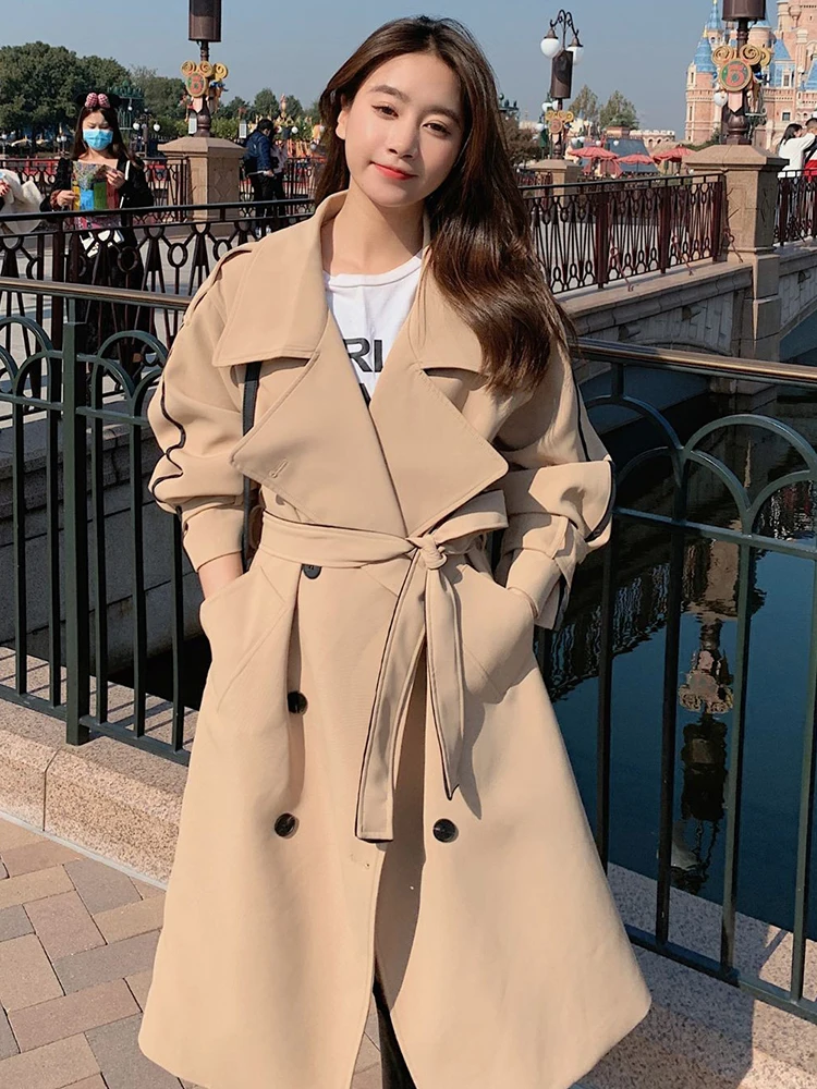 LANMREM Double Breasted Trench Coat Women Lapel Double Breasted Long Sleeves Belt Windbreaker Female Fashion Streetwear 2DA3597