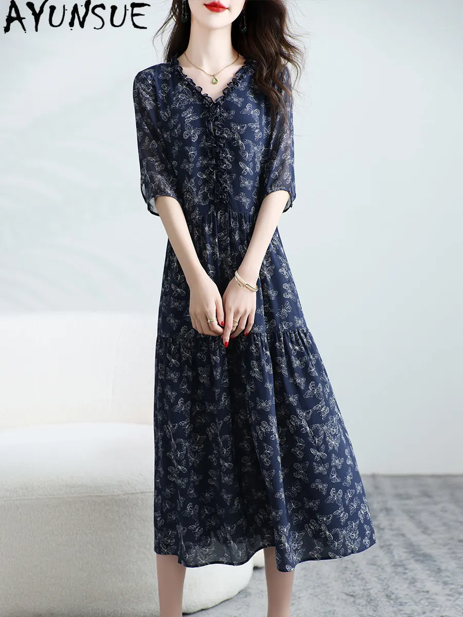 AYUNSUE 100% Real Mulberry Silk Dress for Women Elegant Womens Dresses Summer Clothes Long Dress Print Butterfly Платье Женское