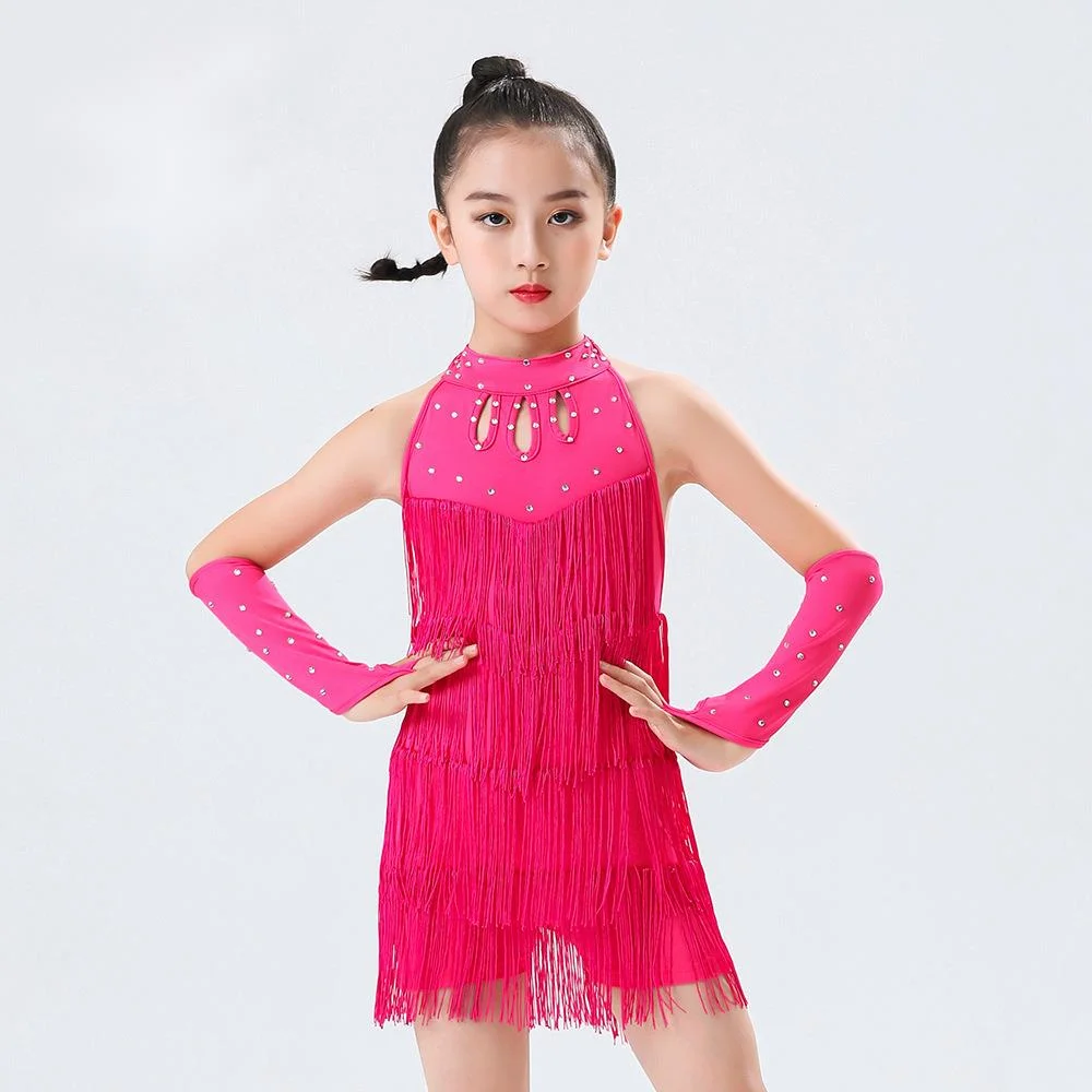 Kids Latin Dance Costume Sequin Fringe Dress for Girls - Professional Salsa Bachata Ballroom Tango Competition Wear
