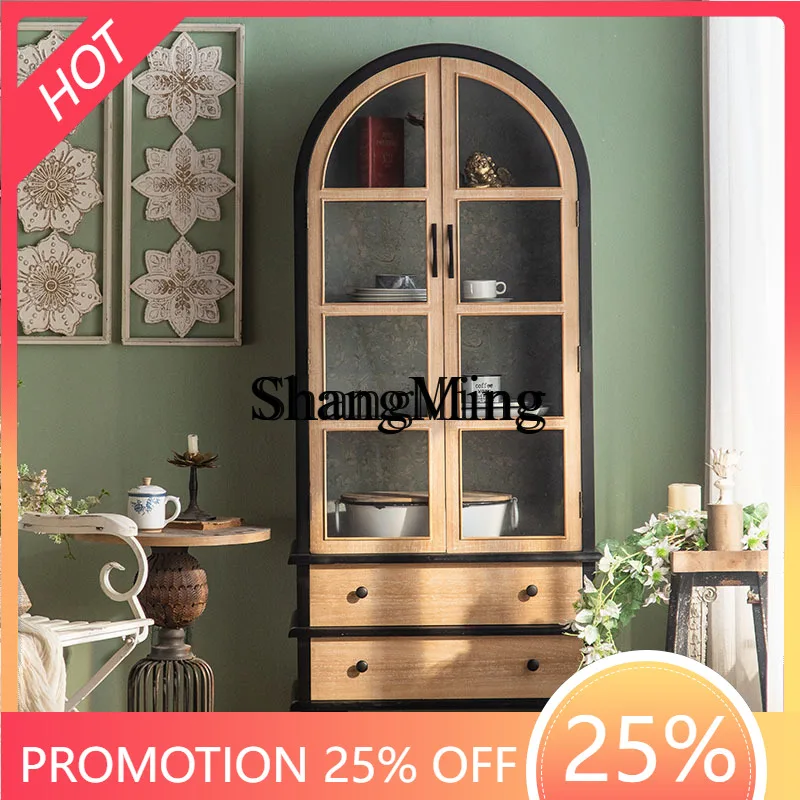 

CL solid wood old glass display cabinet, arched wall storage wine cabinet in the entrance of the homestay