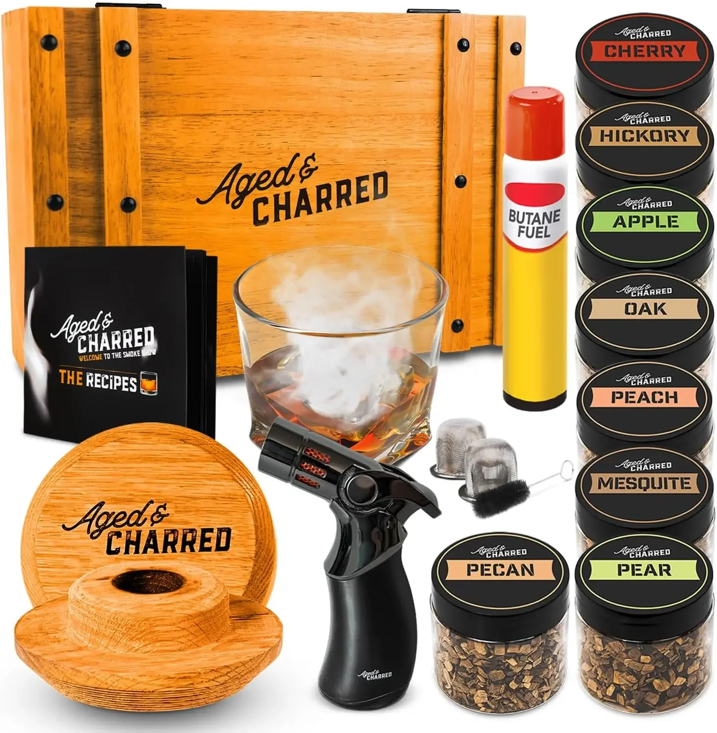 Whiskey Cocktail Smoker Kit with Torch & 8 Flavors Wood Chips - Premium USA Oak Smoker - Old Fashioned Smoker Kit