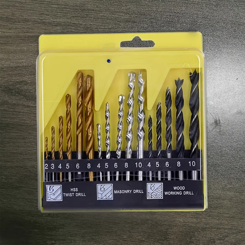 16pcs Combination Drill Bits Kit 2/3/4/5/6/8/10mm, 3 Types Bits for Wood Masonry Steel Wall Plastic Drilling