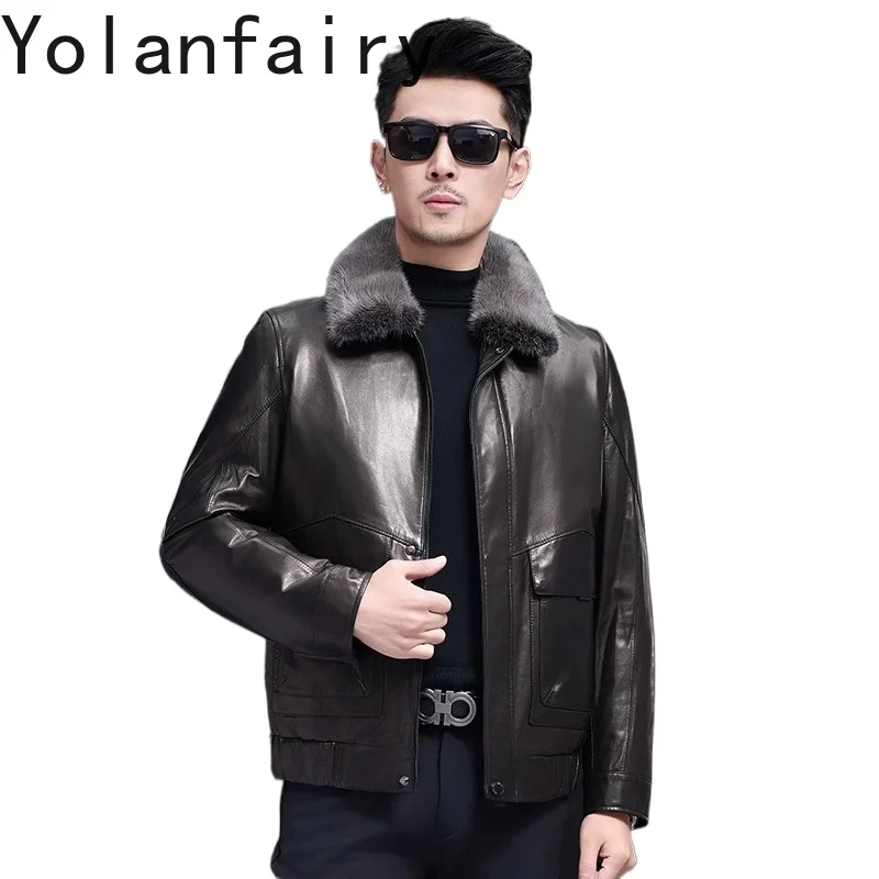 

YOLANFAIRY 100% Genuine Leather Jacket Men Detachable Mink Fur Collar Real Goatskin Leather Down Coats Winter Black Puffer Coat