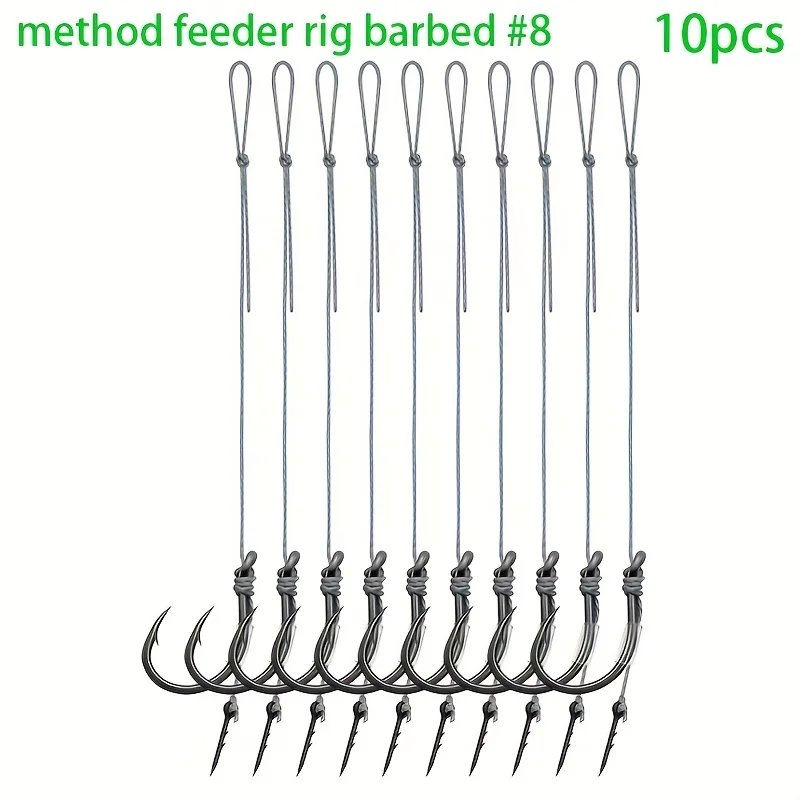 10/20 Stück Method Feeder Rigs mit Widerhaken und 8 geflochtenen Schnüren, hochfeste Widerhaken-Angelhaken Größe 6 8 10 12 14, Feeder-Angeln