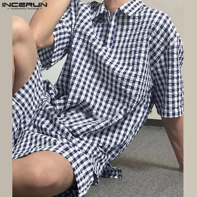 

Short Sleeve Men's Sets Fashion INCERUN Plaid Two-piece Suits 2PCS Shorts Streetwear Summer Men's Clothing Short Pant T-shirts