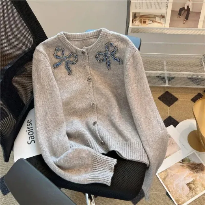 

Gray Women's Knitted Cardigan Bow Crop Top Knit Sweater Trendy Coat Single-Breasted Long Sleeves Jacket Jumpers Women's Clothing