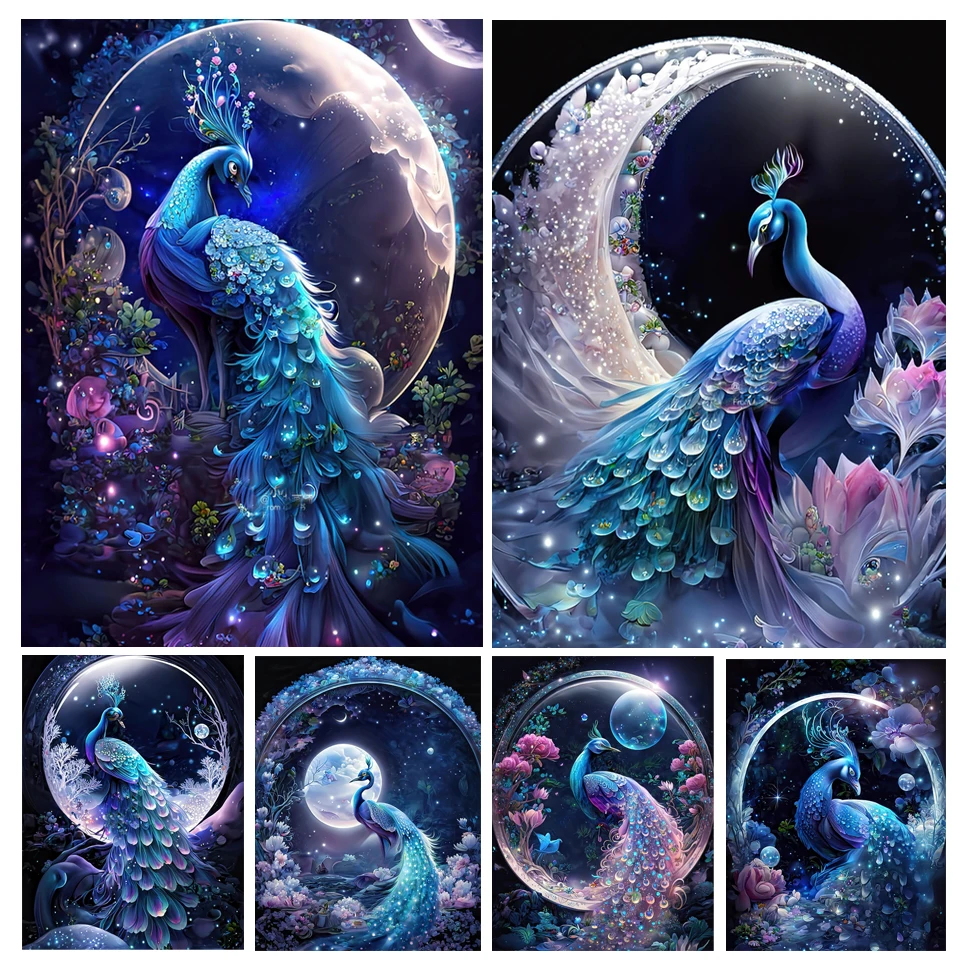 5D DIY Diamond Painting Peacock Moon Landscape Full Square Round Rhinestone Mosaic Kit Animals Diamond European style Home Decor