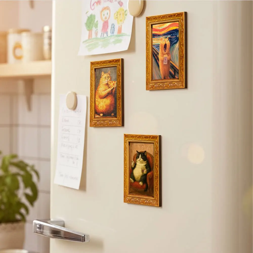 Lustiger, molliger orangefarbener Katzen-Kühlschrankmagnet mit Pizza-Motiv, gerahmte Vintage-Magnetkunst für Küche, Kühlschrank und Heimdekoration – Detail 5