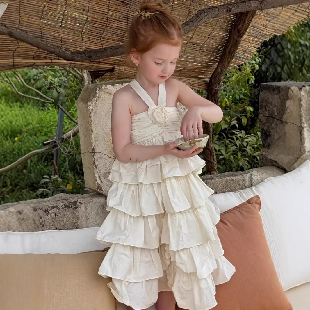 2026 Summer New Girls Neck Hanging Strap Cake Skirt Girls 3D Flower Vacation Long Dress Princess Dress