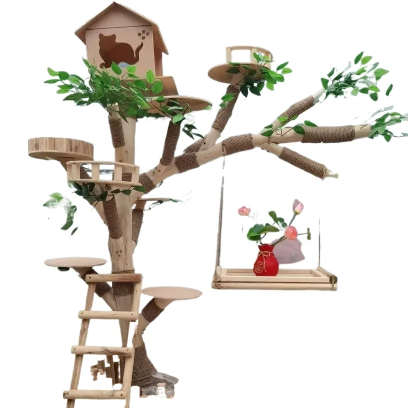 Cat climbing frame, wear-resistant and non-sticky logs, simulated dead , large indoor solid wood cat treehouse