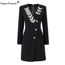 Spring Autumn Collection Beaded V-neck Bling Stones Elegant Black Slim Waist Formal OL Women Dress