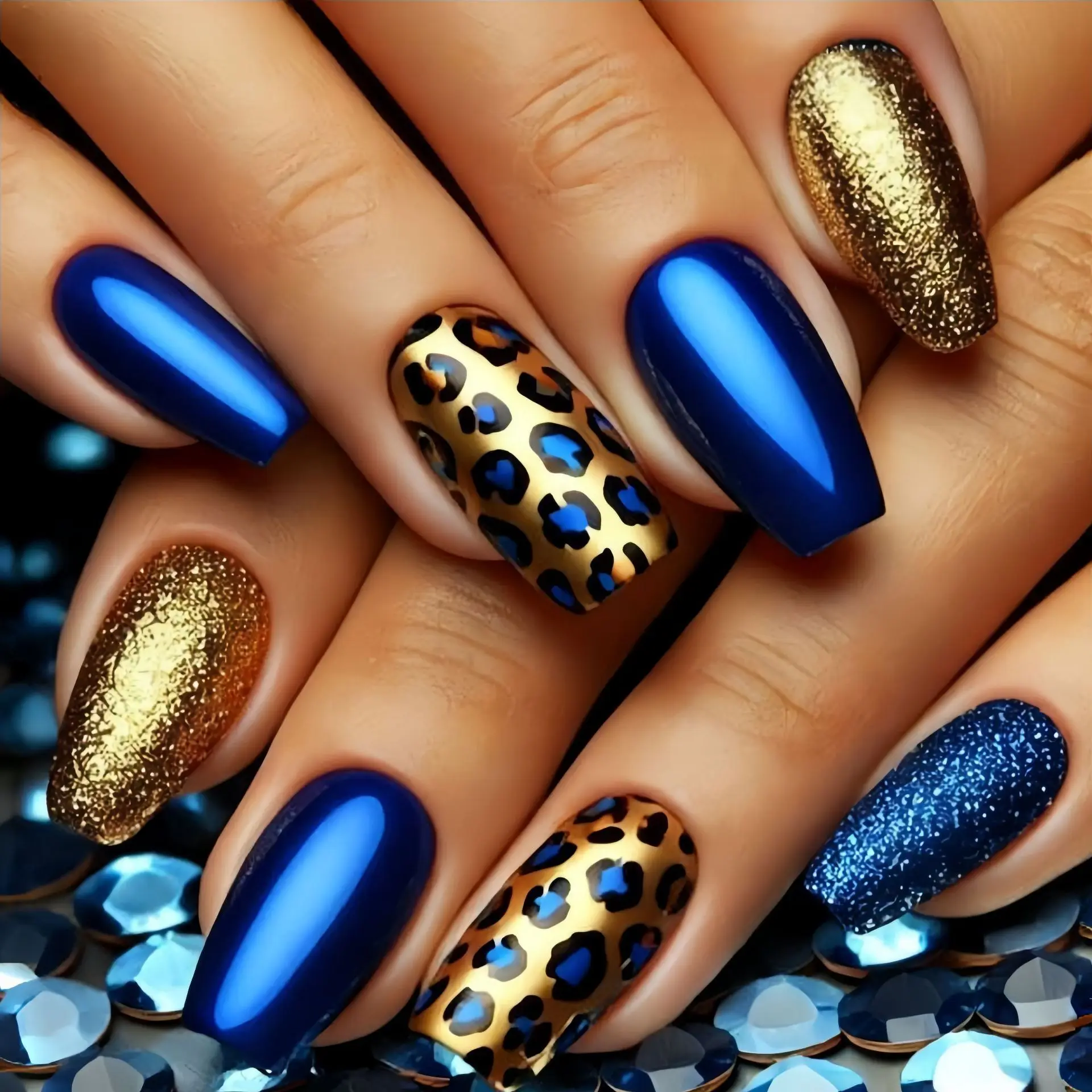 

24Pcs Blue & Gold Press-On Nails, Medium Coffin Fake Nails with Leopard Print & Glitter Accents, Full Cover False Nail Tips for Fall & Winter