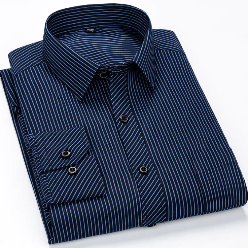 Mens Long Sleeve Classic Standard-fit Striped Plaid Social Office Dress Shirt Single Patch Pocket Formal Business Basic Shirts