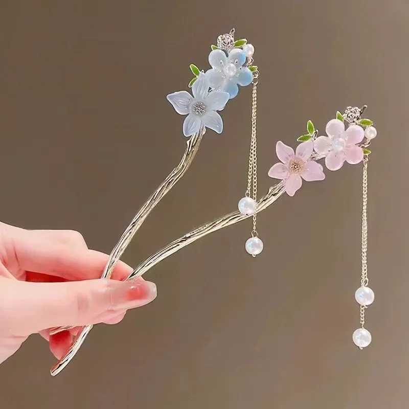 Classic Hair Stick Peach-blossomhair Chopsticks Gold Plated Prong Updo Chignon Hairpin For Women Chinese Hanfu Hair Accessories